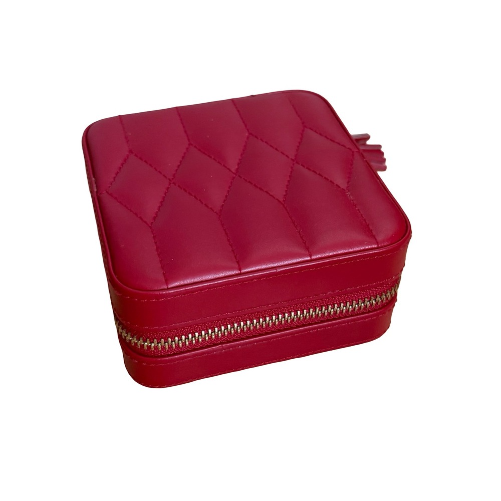WOLF Caroline Small Zip Travel Jewelry Case Red Quilted Leather 329972